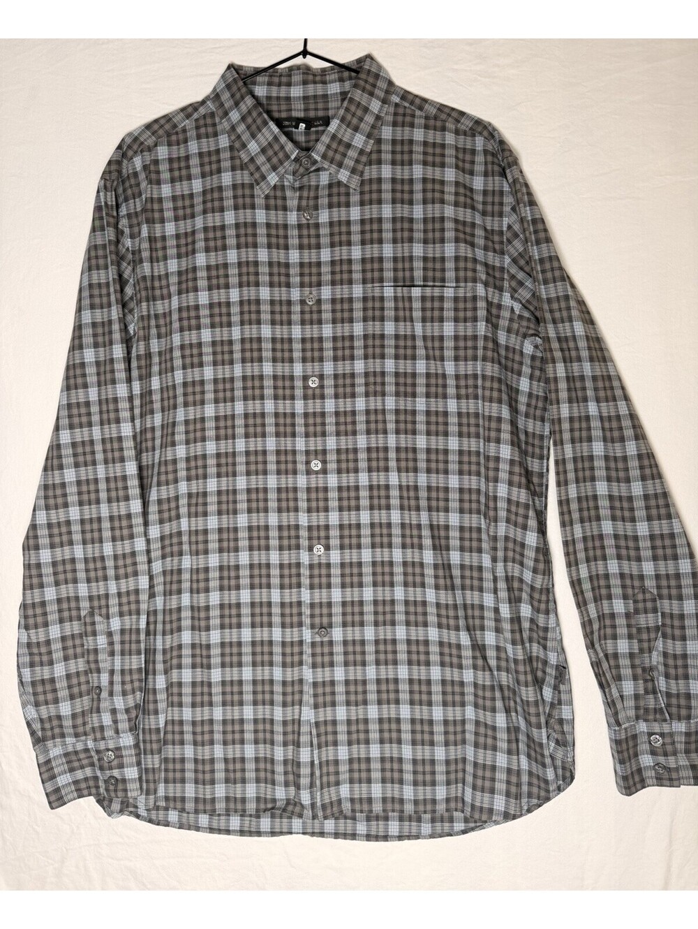 John Varvatos Button Up Shirt Men XL Gray Blue Tartan Plaid Lightweight Cotton